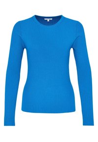 Geribbelde langemouwen top in levendig blauw. Heeft een ronde halslijn en een aangesloten silhouet. Gemaakt van zachte, rekbare stof voor comfort.