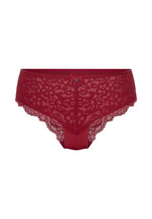 Rode kanten bikiniondergoed met bloemmotieven, een effen tailleband en een klein strikje aan de voorkant in het midden. Golvende randen.