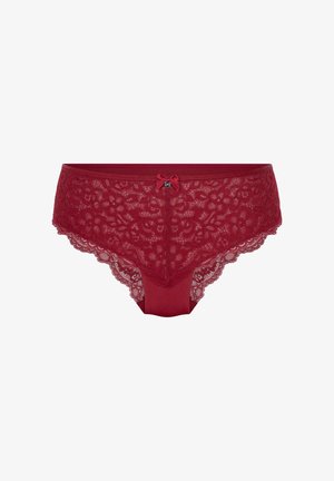 Culotte bikini rouge en dentelle avec motifs floraux, une ceinture unie et un petit nœud au centre avant. Bords festonnés.
