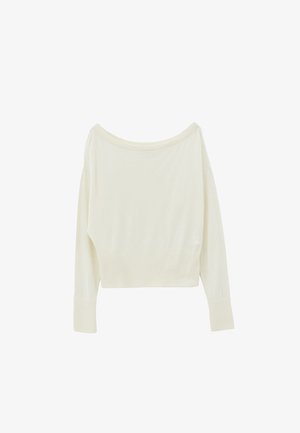 Pull court couleur crème avec un large col bateau, coupe décontractée, manches longues et ourlet côtelé. Confectionné dans un tissu doux et léger.