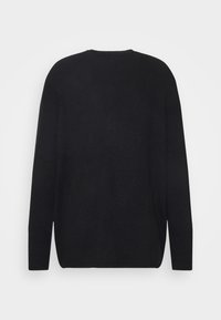 Pull tricoté noir à manches longues avec col rond, vu de dos sur un fond clair uni.