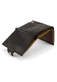 Black leather wallet with a zipper compartment, multiple card slots, and a textured finish. Features RFID protection and a snap closure.