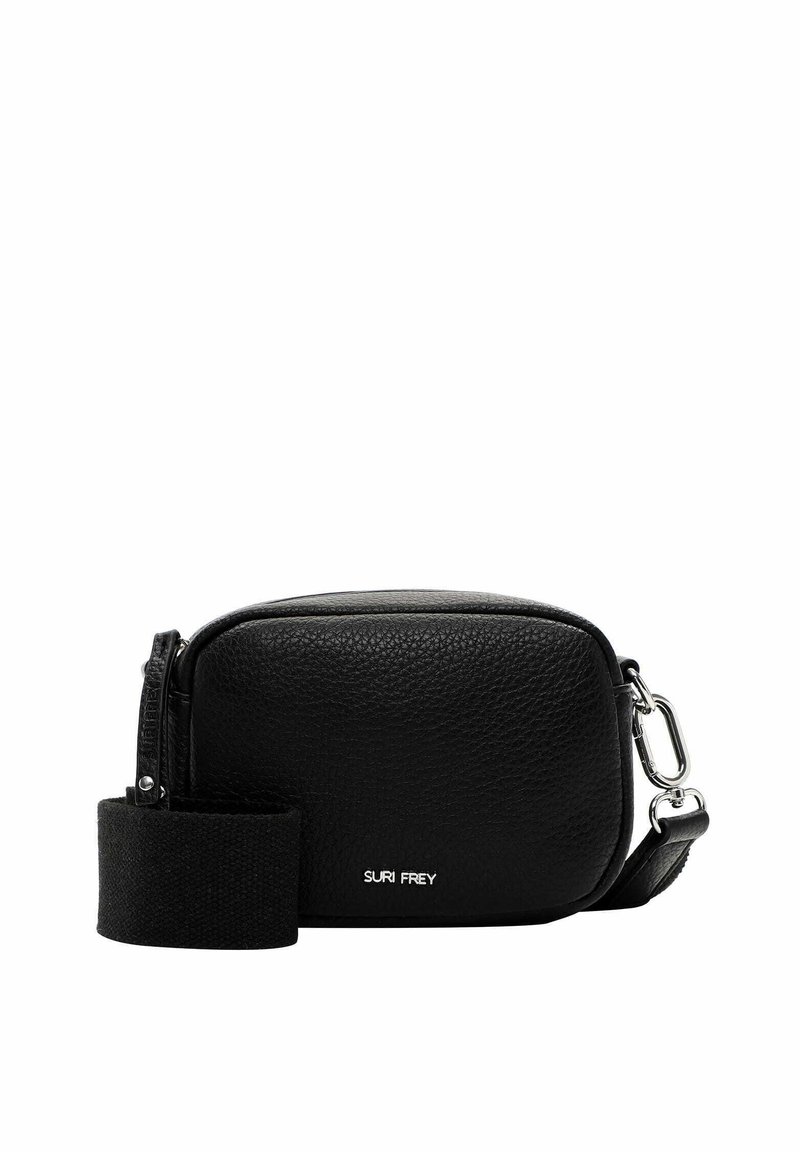 Borsa a tracolla nera in pelle con superficie texturizzata, dotata di chiusura con zip, tracolla regolabile e dettagli in metallo argentato. Nome del marchio visibile.