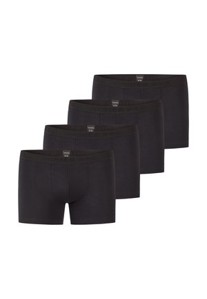 Black cotton boxer shorts in a pack of four, featuring an elastic waistband and a smooth, stretchy texture.