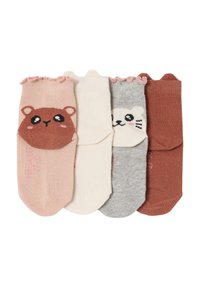 Vier Paare Knöchelsocken mit Rüschenrand, zwei davon mit Tiergesichtern in Rosa und Grau, und zwei schlichte Paare in Creme- und Rosttönen.