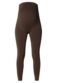 Bruine zwangerschapsleggings met een hoge taille, naadloos ontwerp, rekbare stof en een gladde textuur, geschikt voor comfort tijdens de zwangerschap.