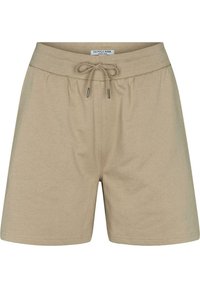 Beige avslappnade shorts med elastisk midja och snörning, märkta U.S. Polo Assn., tillverkade av mjukt material.