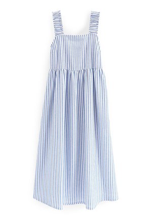 Robe midi sans manches à rayures verticales bleues et blanches, encolure carrée, taille froncée et bretelles à volants.