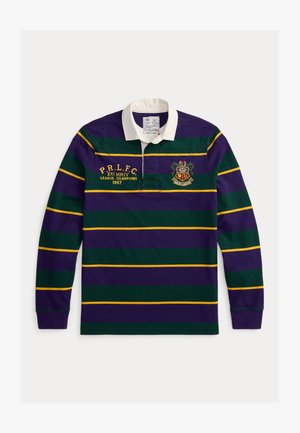 Rugbyteemaline särk lilla, roheliste ja kollaste triipudega. Valge krae ja tikandiga logo tekstiga ees. Materjaliks puuvill.