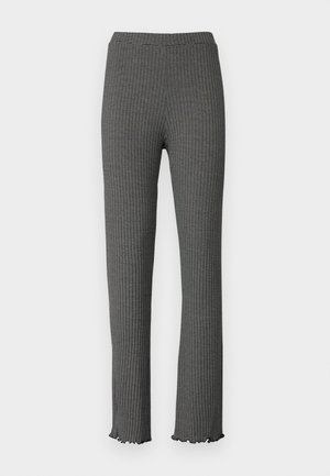 Gray ribbed knit pants with a fitted design, ruffled hem, and elastic waistband. Features a textured pattern throughout.