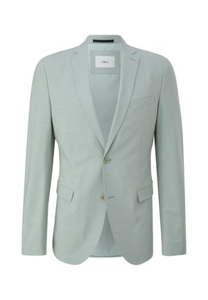 Lichtblauwe blazer met een subtiel ruitpatroon, twee knopen, gelapte revers en een enkele borstzak. Gevoerde binnenkant.