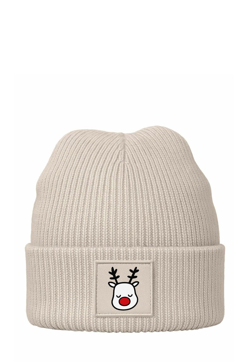 Beige knit beanie with a folded cuff, featuring a rectangular patch displaying a cartoon reindeer's face with closed eyes and a red nose.