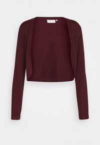 Burgundy kort cardigan i ett mjukt stickat tyg, med långa ärmar och en öppen framsida utan knäppningar.