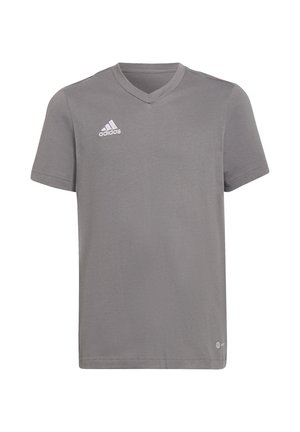 Gray cotton t-shirt with a v-neck and short sleeves. Features a white Adidas logo on the left chest area. Soft, smooth texture.