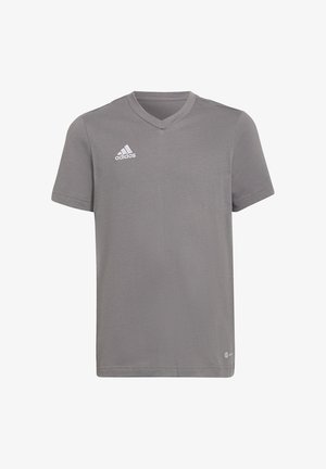 Grijze katoenen t-shirt met een v-hals en korte mouwen. Heeft een witte Adidas-logo op het linkerborstgebied. Zachte, gladde textuur.