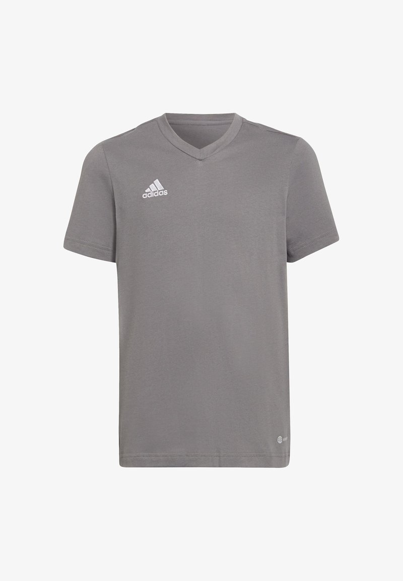 Grijze katoenen t-shirt met een v-hals en korte mouwen. Heeft een witte Adidas-logo op het linkerborstgebied. Zachte, gladde textuur.