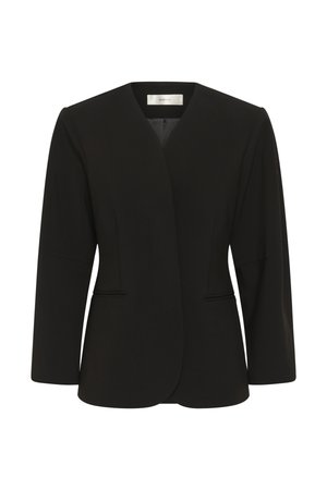 Sort blazer lavet af glat stof, med V-hals, to forlommer og lange ærmer med minimale syningsdetaljer.