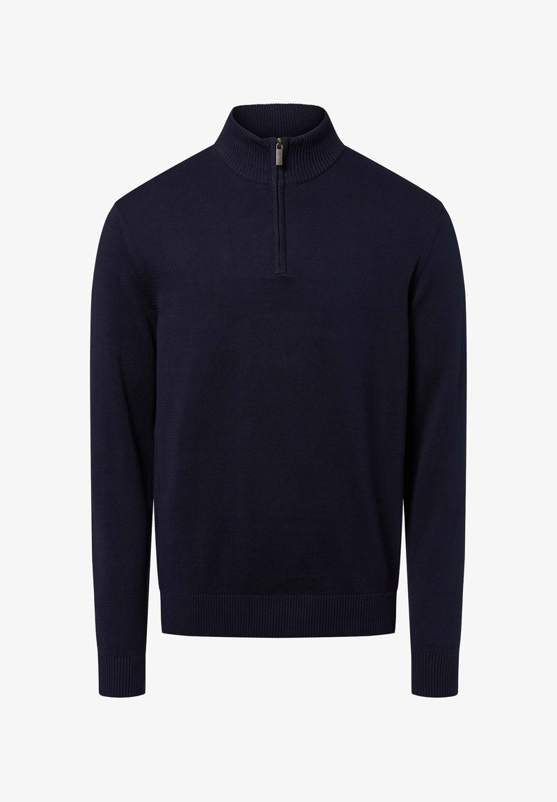 Marineblauer Pullover mit hoher Kragen und Viertelreißverschluss. Hergestellt aus einem glatten Strickstoff, mit gerippten Bündchen und Saum.