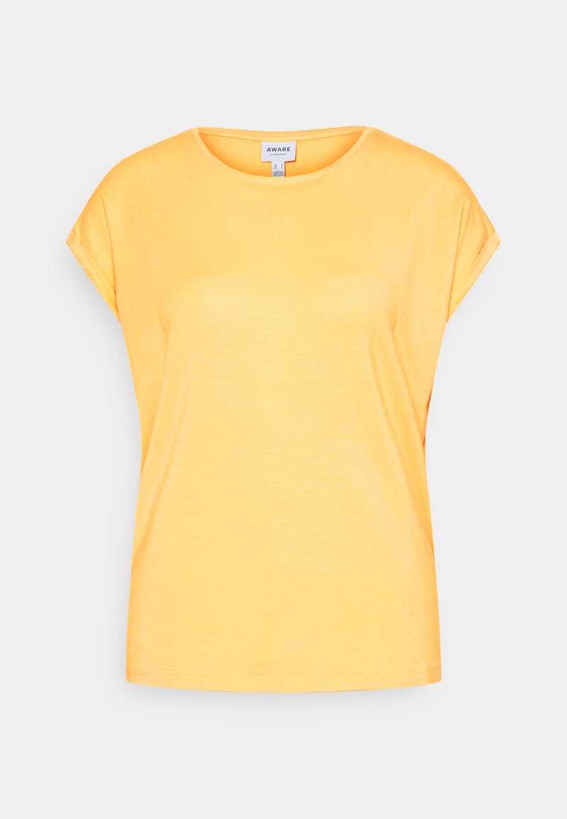T-shirt jaune en coton à manches courtes avec col rond, bords de manches repliés et étiquette de marque au niveau du col sur fond clair.