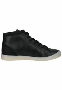 Sneakers alte in pelle nera con punta rotonda, design con lacci e suola in gomma bianca a contrasto. Texture liscia e dettagli di cucitura minimi.