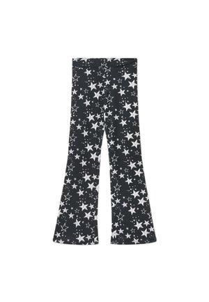 Pantaloni neri a zampa con fantasie di stelle bianche che coprono l'intero tessuto, mostrati distesi su uno sfondo bianco.