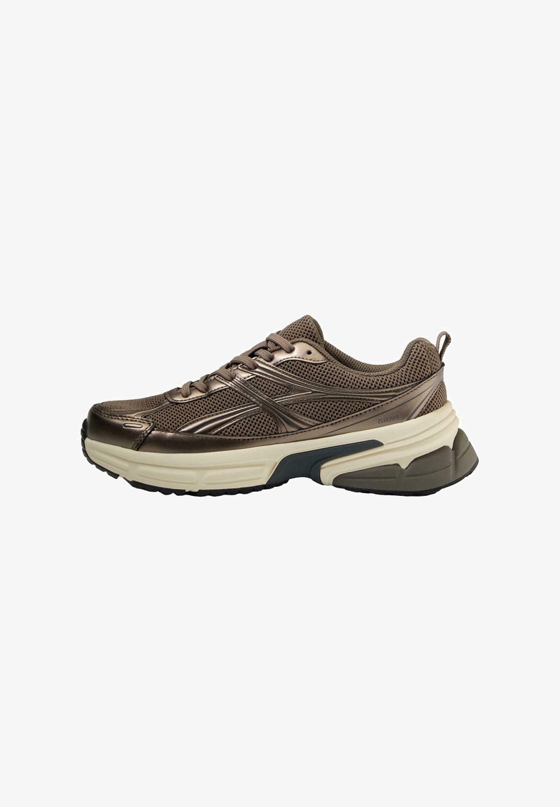 Brown athletic shoe with mesh upper, metallic accents, thick white midsole, and textured black sole. Features laces and a pull tab.