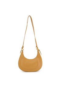 Torba hobo w połyskującej musztardowej żółci o zaokrąglonym kształcie, z jedną rączką i detalami w odcieniu złota. Gładka tekstura i minimalistyczny design.