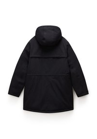 Sort parka jakke med hætte, lange ærmer, snører i taljen og en glat overflade. Bagfra ses minimalistiske design detaljer.