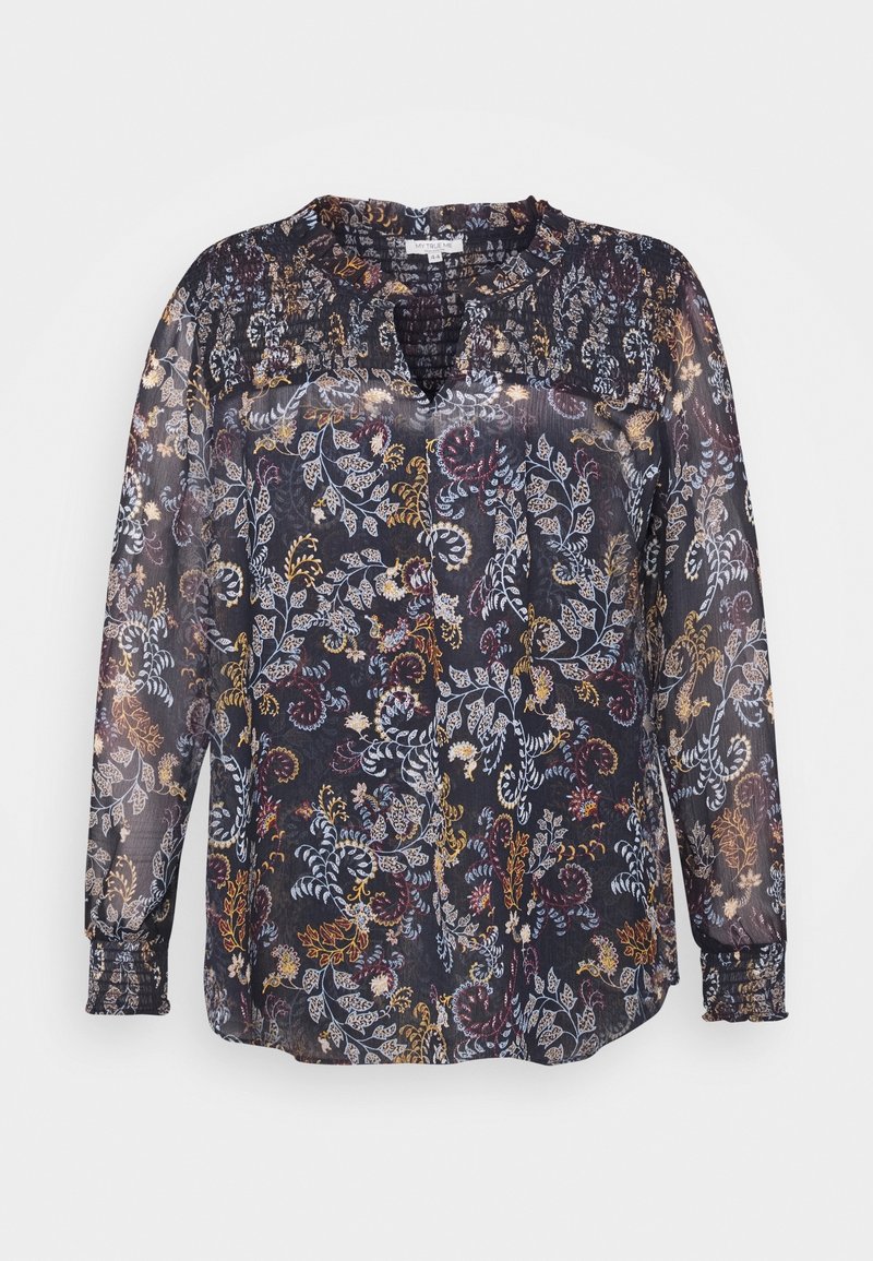 Blusa trasparente e scura con un motivo floreale in rosso, giallo e blu. Maniche lunghe con polsini arricciati e scollatura a V.