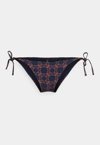 Parte de baixo de bikini azul-marinho com padrão geométrico rosa. Apresenta fechos com atilhos em ambos os lados. Feita de um tecido elástico e suave. Ajuste ajustável.