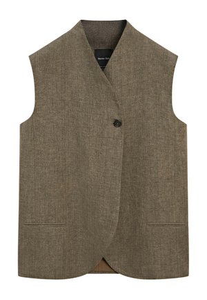 Gilet marron sans manches en mélange de lin avec fermeture par un seul bouton noir et deux poches passepoilées à l'avant.