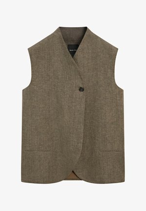 Gilet marron sans manches en mélange de lin avec fermeture par un seul bouton noir et deux poches passepoilées à l'avant.