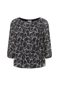 Blouse noire avec un motif floral blanc, décolleté en cœur, manches trois-quarts et détails froncés sur les côtés. Tissu doux et léger.