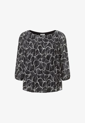 Schwarze Bluse mit weißem Blumenmuster, Rundhalsausschnitt, Dreiviertelärmel und Raffung an den Seiten. Weicher, leichter Stoff.