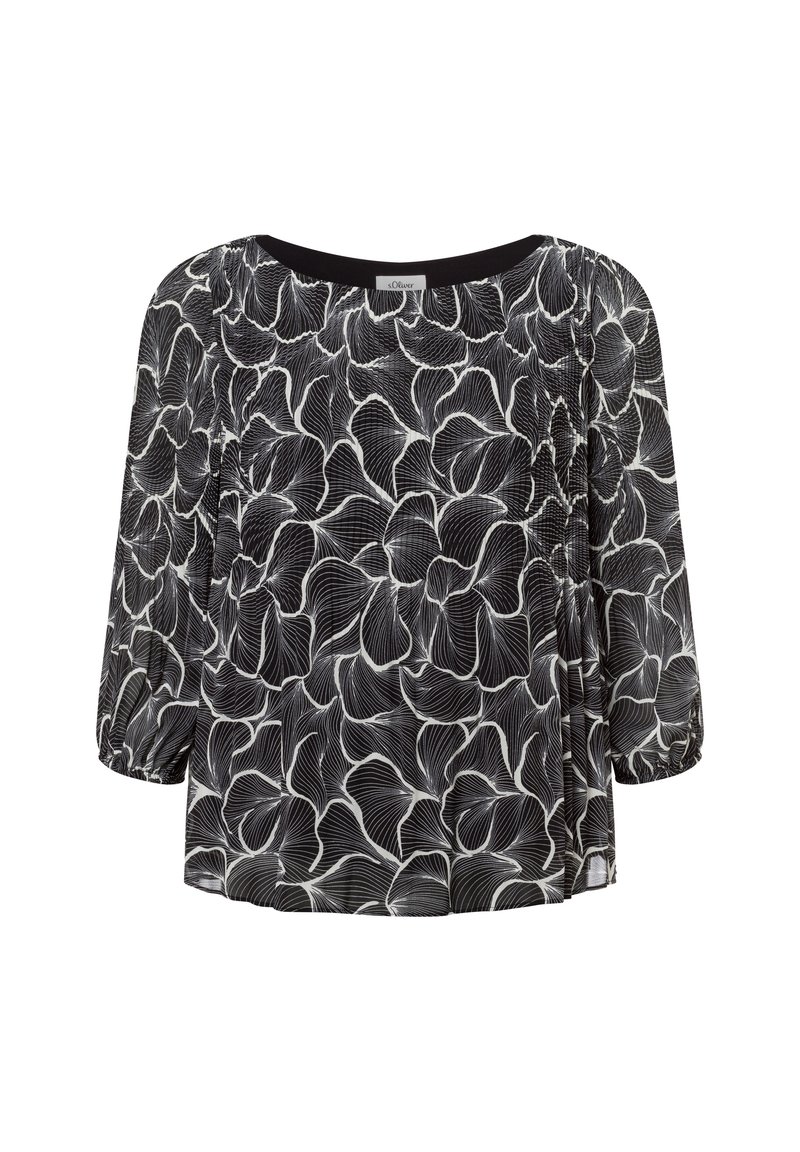 Blouse noire avec un motif floral blanc, décolleté en cœur, manches trois-quarts et détails froncés sur les côtés. Tissu doux et léger.