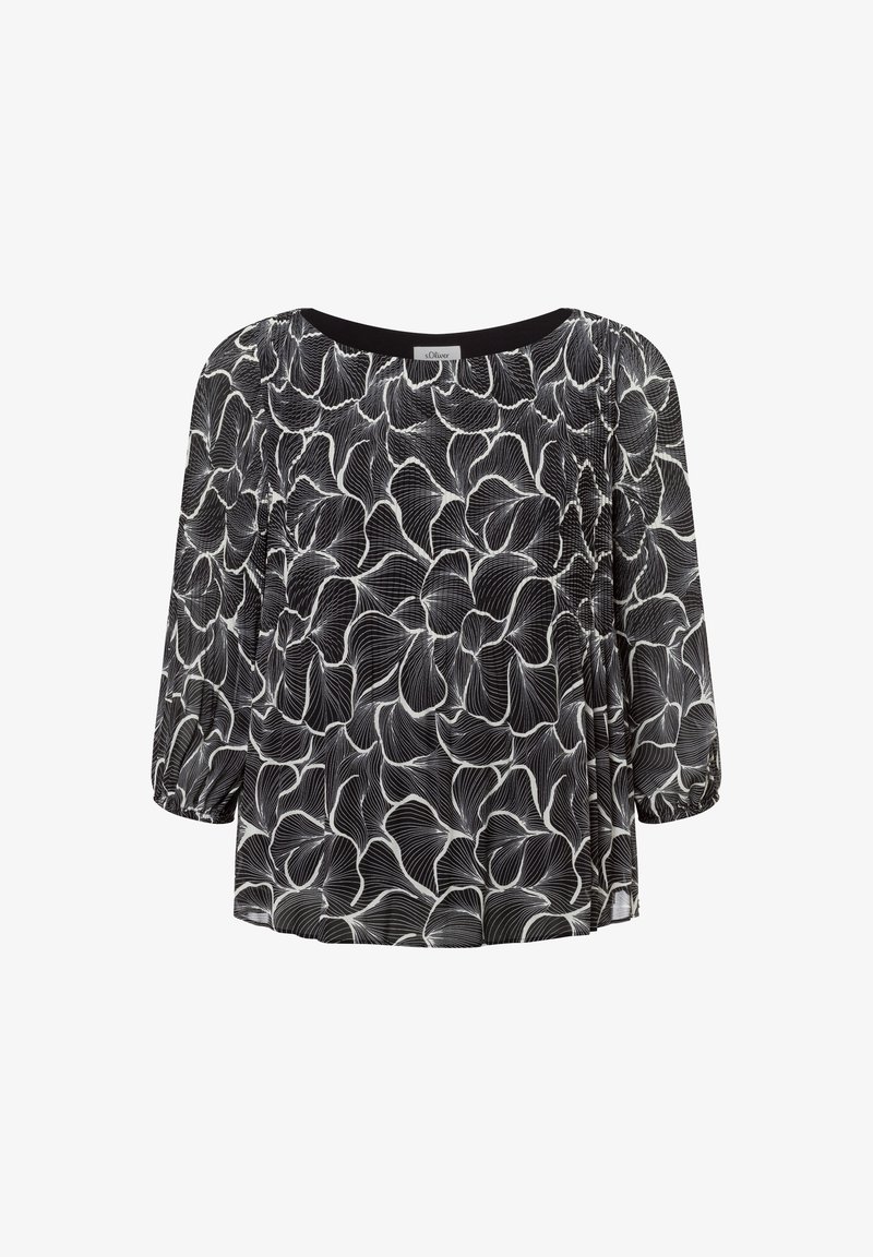 Blusa nera con motivo floreale bianco, scollo a giro, maniche a tre quarti e dettagli arricciati sui lati. Tessuto morbido e leggero.