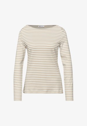 Beige-wit gestreept shirt met lange mouwen en een boothals, horizontale strepen, weergegeven op een effen witte achtergrond.