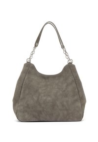 Gray faux suede handbag with a curved shape, chain-accented handles, and a smooth texture. Features a spacious interior and soft design.