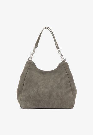 Graue Schultertasche aus Kunstwildleder mit strukturierter Silhouette, Kettenakzenten und glatter, strukturierter Oberfläche.
