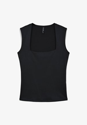Haut sans manches noir avec un décolleté carré. Fabriqué en tissu lisse avec une coupe ajustée, affichant des bords nets et sans matériel visible.