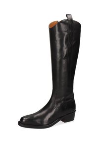 Schwarze kniehohe Stiefel aus Leder mit glatter Oberfläche, runder Zehenpartie, dekorativen Nähten an der Seite und niedrigem Blockabsatz.