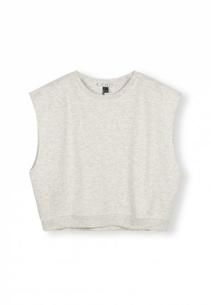 Top corto grigio realizzato in morbido misto cotone, con ampie aperture per le braccia, scollatura rotonda e orlo a costine. Design semplice e minimalista.