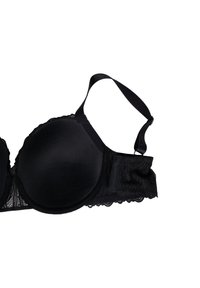 Black padded bra with lace trim. Smooth fabric cups, adjustable straps, and a floral pattern at the side closure with a bow accent.
