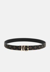 Cintura in pelle nera con chiusura in oro con logo "G" e design a pattern marrone ripetuto. Texture piatta e liscia. Vestibilità regolabile.