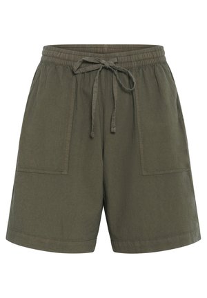 Olive green shorts made of lightweight fabric, featuring an elastic waistband with drawstring, two side pockets, and a relaxed fit.