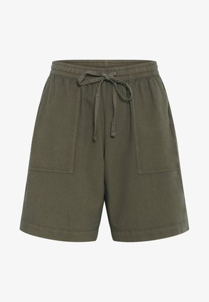 Olivgrüne Shorts aus leichtem Stoff, mit elastischem Bund und Kordelzug, zwei seitlichen Taschen und einer lockeren Passform.