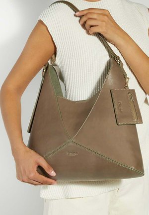 Brown leather shoulder bag with a triangular design, featuring contrasting stitching and a detachable card holder. Smooth texture, matte finish.