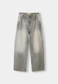 Light gray denim wide-leg jeans with a faded wash, featuring five pockets, a front button, and stitching along the seams.