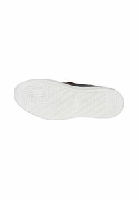 Sneaker nera con suola in gomma bianca, caratterizzata da un battistrada a motivo e accenti marroni. Superficie liscia con punta arrotondata e dettagli cuciti.