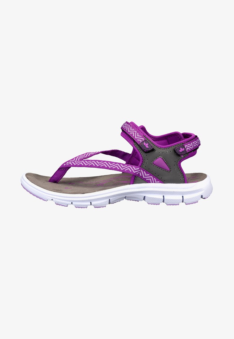 Purple sandals featuring a textile upper with zigzag patterns, a grey heel support, and a textured, cushioned footbed with a white sole.